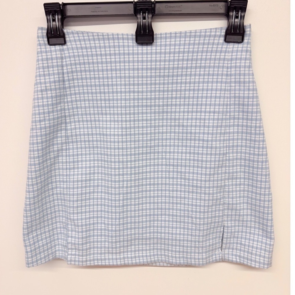Preppy Coquette Mini Skirt Gingham Plaid Side Slit Brandy Melville Cara Blue